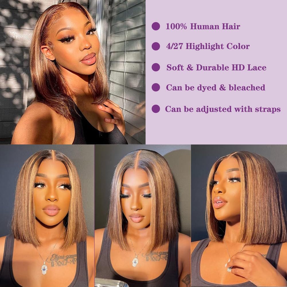 Bob Wigs Real Hair High-Gloss Gradient Wig 13x4 Lace Front Wig 4/27 Honey Blonde Glue-Free Wig Pre-Pulled Baby Hair 180 Density Short Bob Wig Women's 12 Inch (Approx. 12 cm)