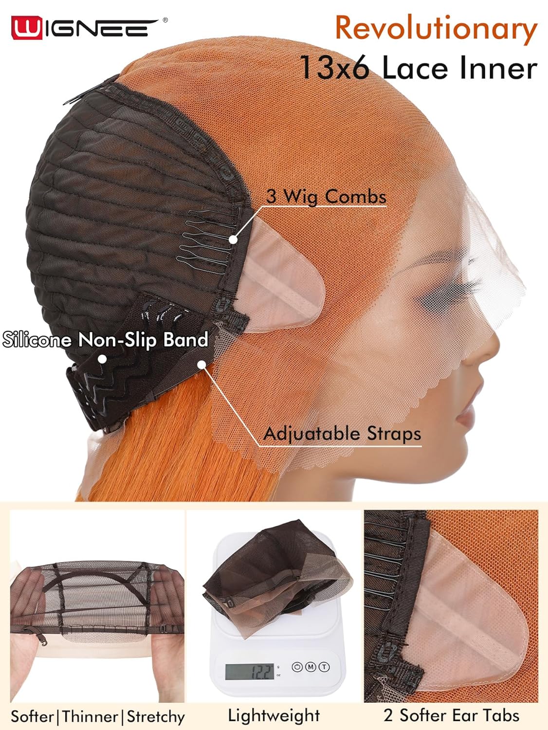 WIGNEE 13x6 Synthetic Lace Front Wig, Pre-Pulled Synthetic Straight Wig, 28 Inch (Approx. 71.1 cm), Volumizing Ginger Lace Front Wig, with Kanekalon Futura Hair