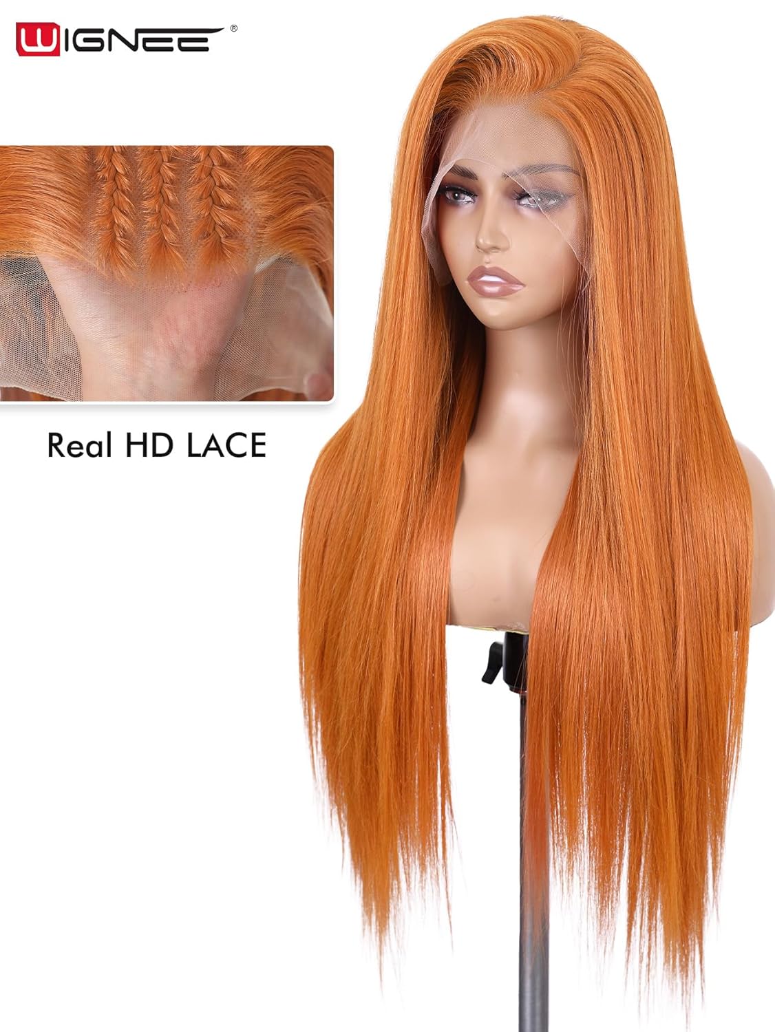 WIGNEE 13x6 Synthetic Lace Front Wig, Pre-Pulled Synthetic Straight Wig, 28 Inch (Approx. 71.1 cm), Volumizing Ginger Lace Front Wig, with Kanekalon Futura Hair