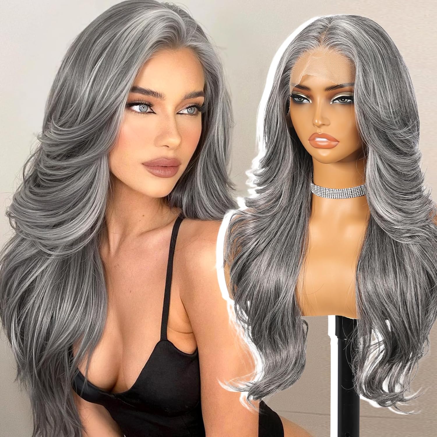 Grey synthetic lace wig, 13x4 high-definition lace long layered wave wig without glue, suitable for women's daily use, 26 inches (approximately 50.6 cm).