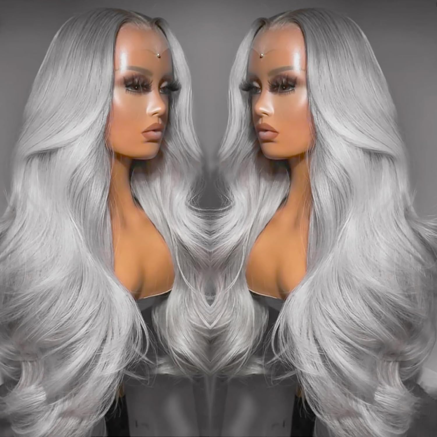 ANDRIA Lace Front Wig with Wavy Hair, Glue-Free Lace Wig, Synthetic Long Filament Straight Hair, Natural Heat-Resistant Fiber, Gray Wig with Baby Hair, Suitable for Black Women, 26 Inches