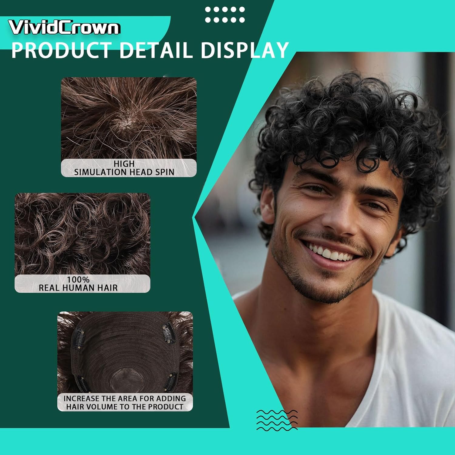 Toupee for Men Human Hair Men‘s Black Wig Short Curly Hair Fluffy Realistic Hair Wig Thin Skin Daily Party Costume Wig for Male(Black)