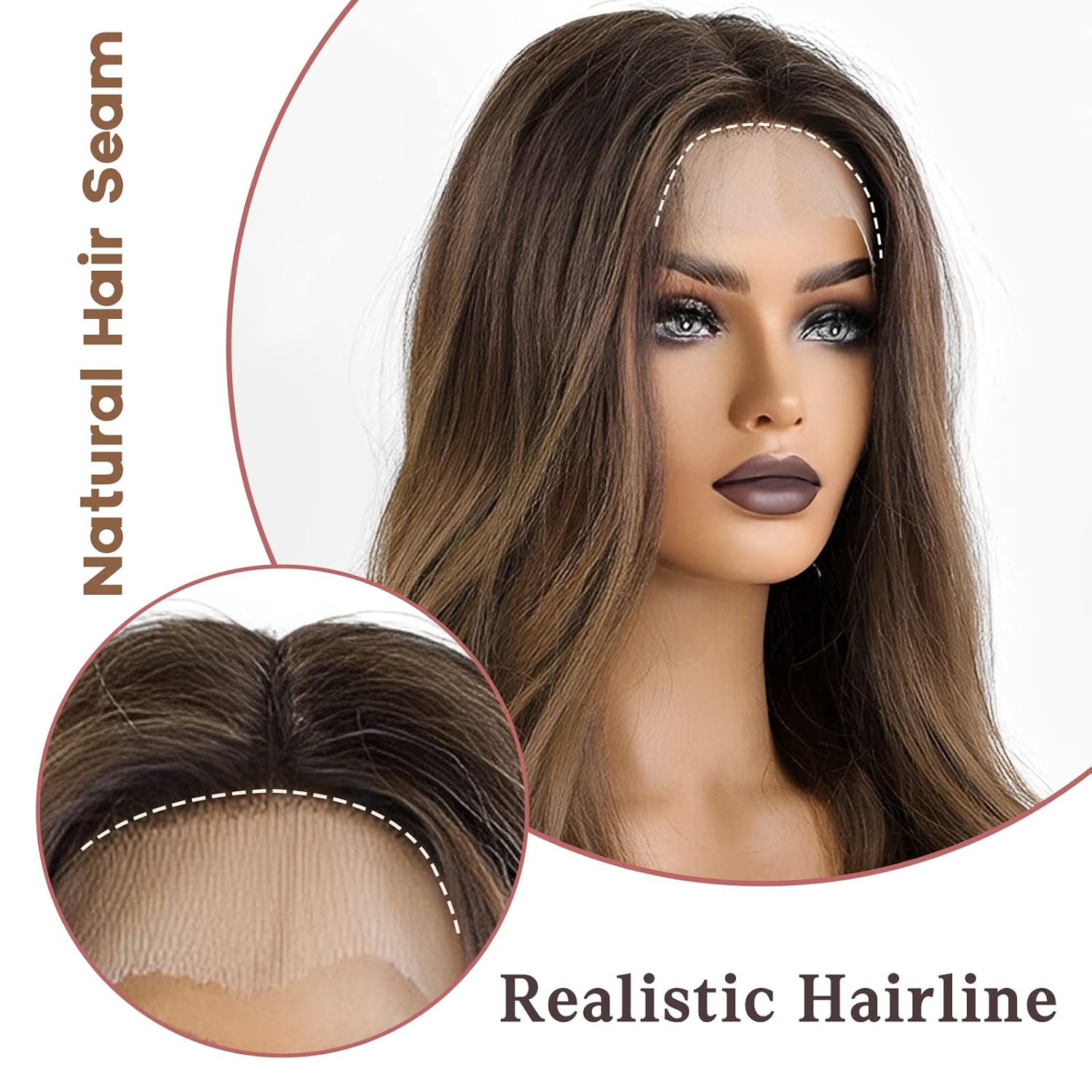 EMMOR Long Brown Lace Wig for Women, 25 Inches (Approx. 50.8 cm), Natural Wavy Synthetic Wig, Mid-Length, Everyday Hair, Hand-Tie/Long-Lasting/Lightweight