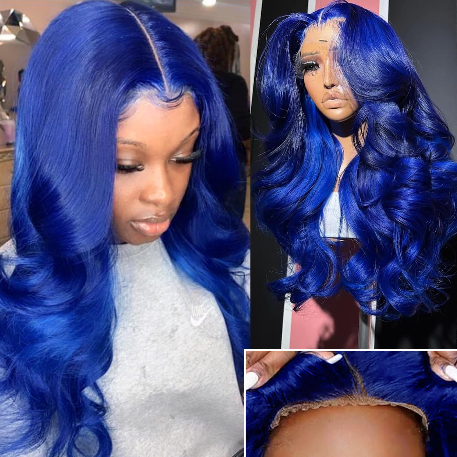 Blue glue-free wig, 200% real hair pre-plucked, dark blue wavy lace front wig, 9x6mm real hair pre-cut, HD transparent lace front colored wig, women's style, 20 inches.