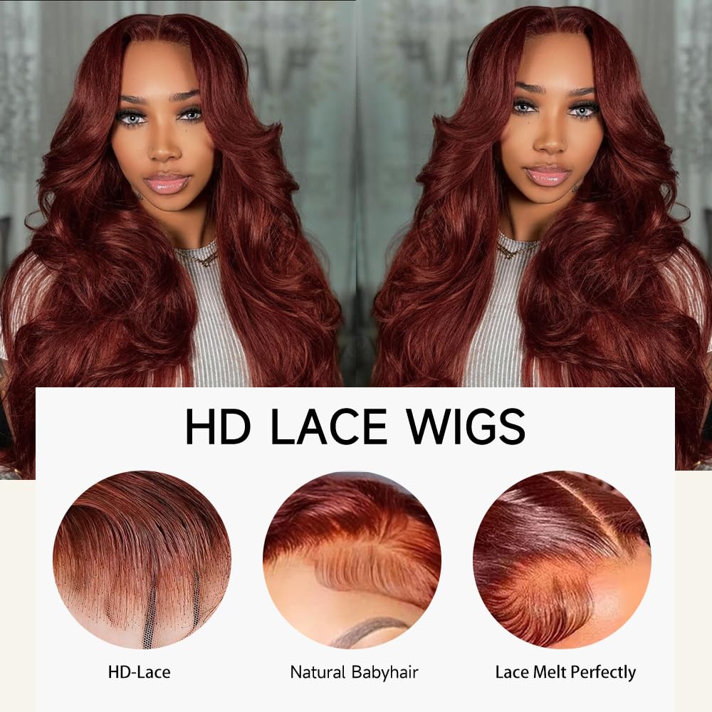 Reddish-brown lace front wig, 28 inches (approx. 50.8 cm), pre-drawn 200% density body wave HD lace front wig, includes baby glue-free wig.