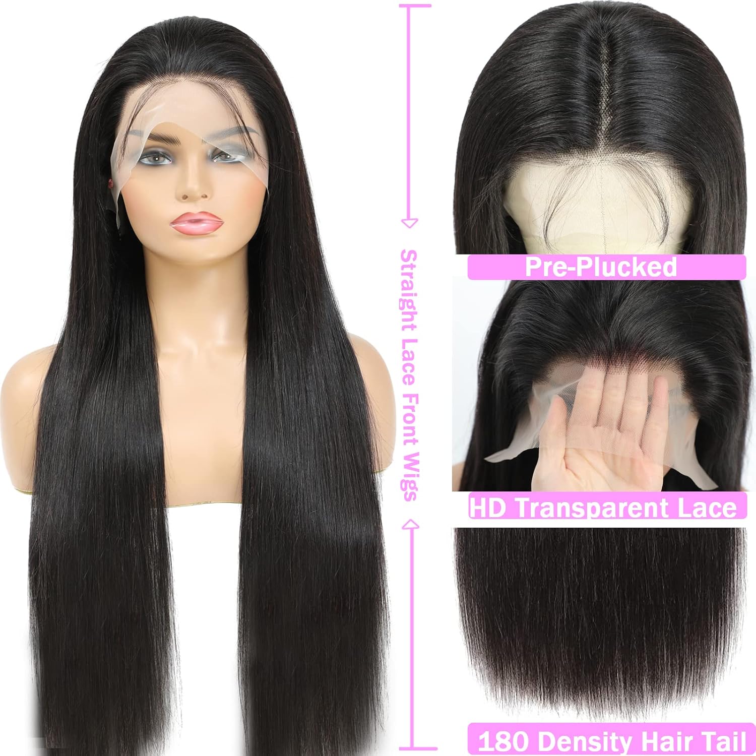 13x6 Lace Front Wig for Women, Real Hair, 180 Density, HD, Transparent, 28 Inch Straight Lace Front Wig, Real Hair, Pre-Pulled, Glue-Free, Natural Black.