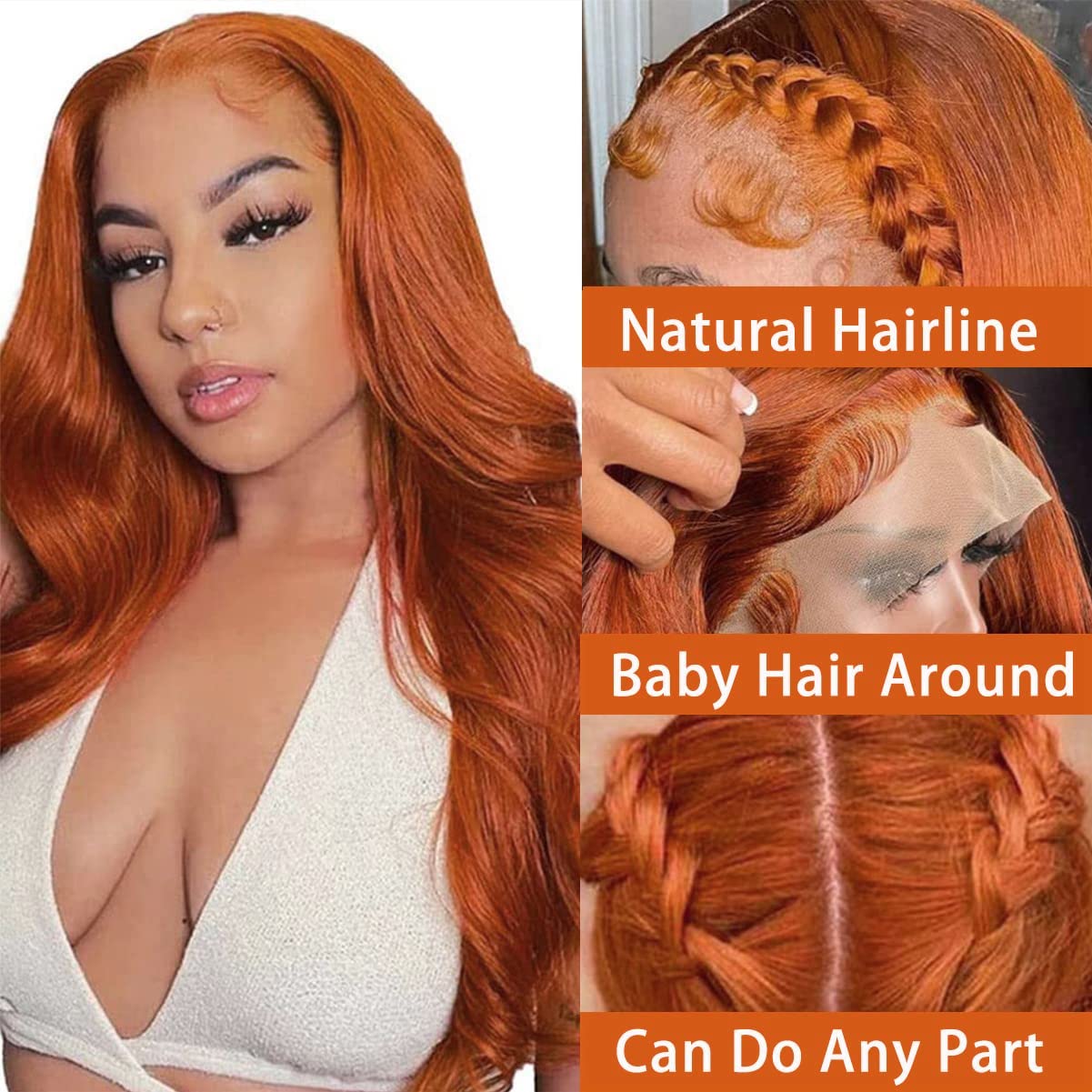 13x4 Deep Ginger Lace Front Wig, Real Hair, Wavy, Orange Ginger Brown, Brazilian HD Lace Front Wig, Glue-free, 150% Density, Pre-extracted Natural Hairline (18 inches (approx. 45.7 cm), Copper Brown)