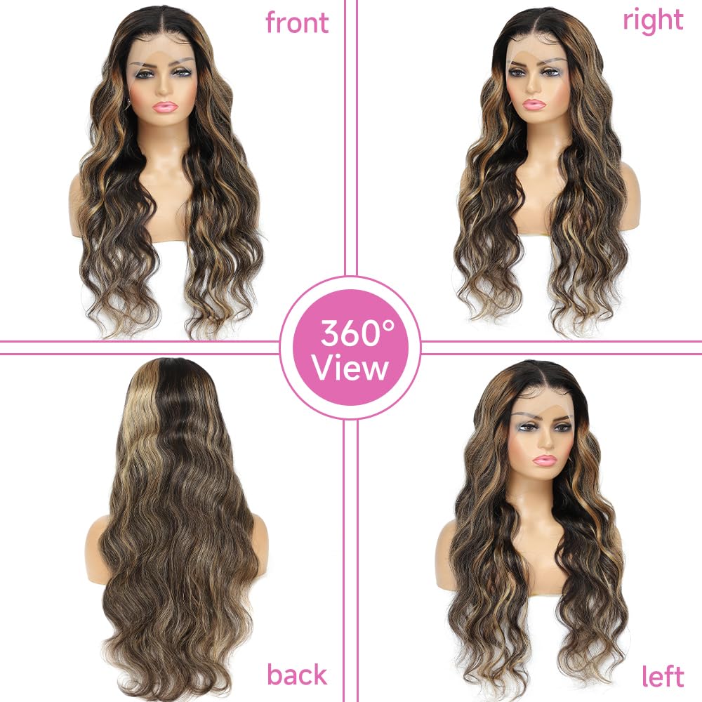 Avolo Ombre Lace Front Wig, Real Hair Pre-Pulled 1B/27 13x4, Body Wavy High-Gloss Lace Front Wig, Real Hair Colored Wig, Glue-Free Wig, 180% Density, Forehead Wig, Real Human Hair, 28 Inches