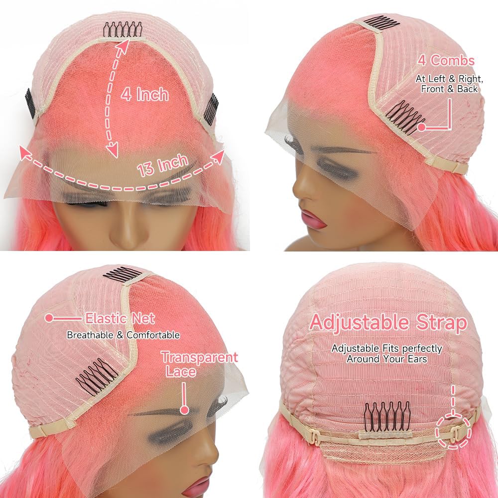 ANDRIA 13x4 High Definition Lace Front Wig 28 Inch (Approx. 50.8 cm) Pink Wavy Long Lace Front Wig, Pre-Pulled Hairline, Synthetic Lace Front Wig with Baby Hair, Heat-Resistant Fiber Wig for Women