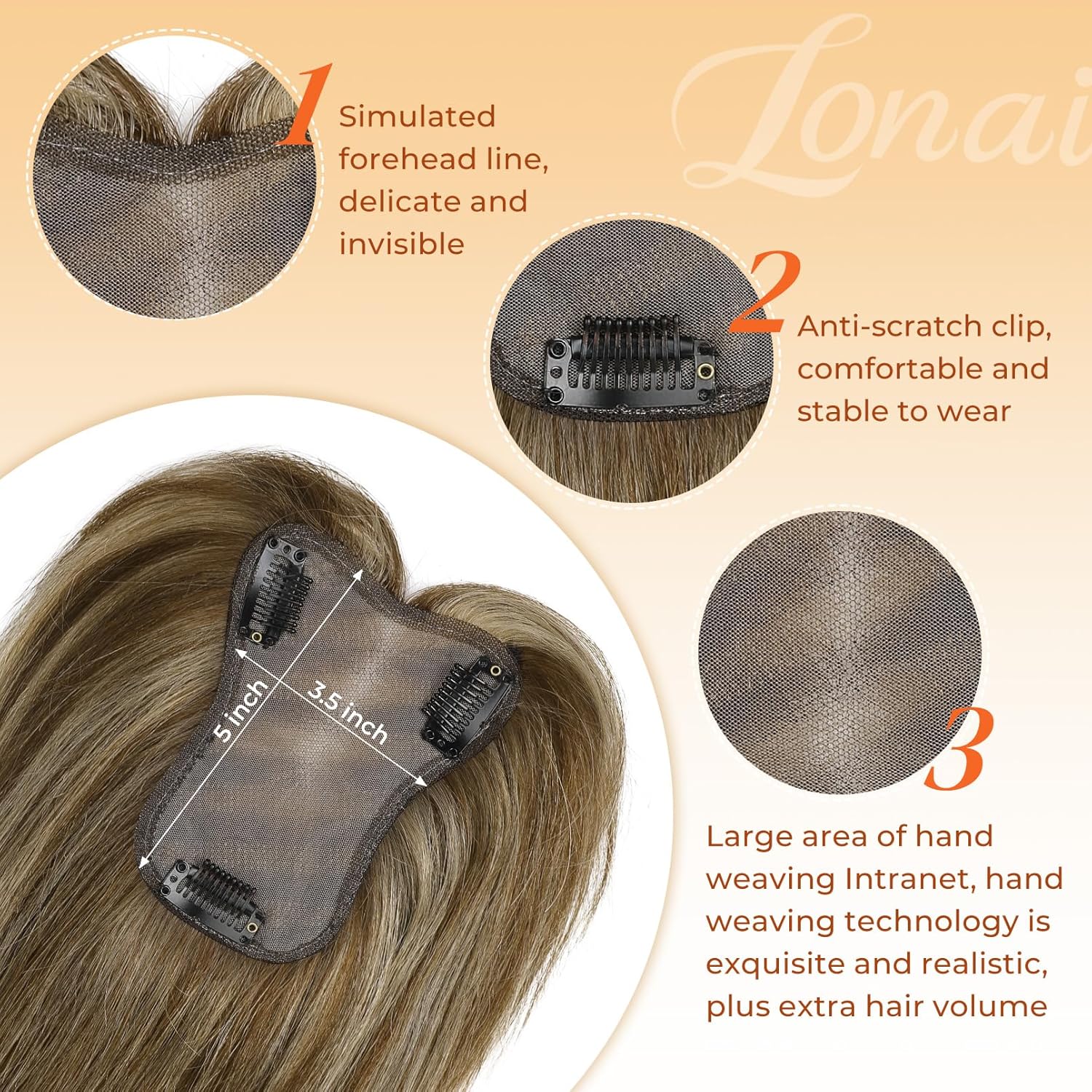 LONAI Human Hair Accessory, 10-inch 100% Human Hair Accessory, suitable for thinning hair, large hand-woven area covers natural hair accessory, women's everyday wear, 5 inches x 3.5 inches (approx. 12.7 x 8.9 cm), silk base, chocolate brown, gold.