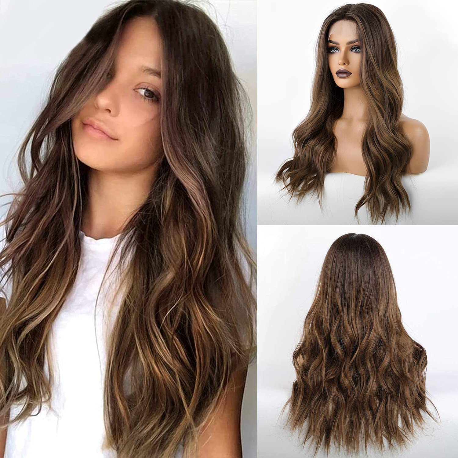 EMMOR Long Brown Lace Wig for Women, 25 Inches (Approx. 50.8 cm), Natural Wavy Synthetic Wig, Mid-Length, Everyday Hair, Hand-Tie/Long-Lasting/Lightweight