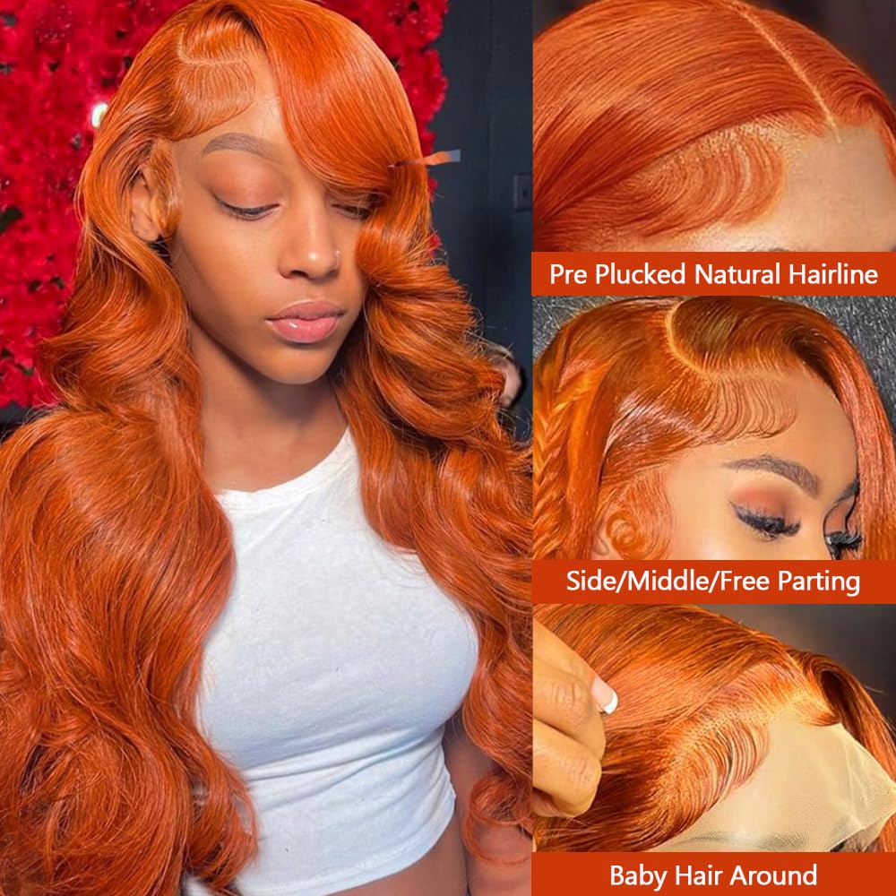 Ginger Orange 30-inch (approx. 30 cm) Lace Front Wig, Real Hair, Wavy, Wavy, Wavy, 13x6, High Definition Lace Front Wig, Glue-Free, Ginger Wig, 180% Real Hair Density, Transparent HD, Lace Forehead Wig, Pre-Pulled Hairline.