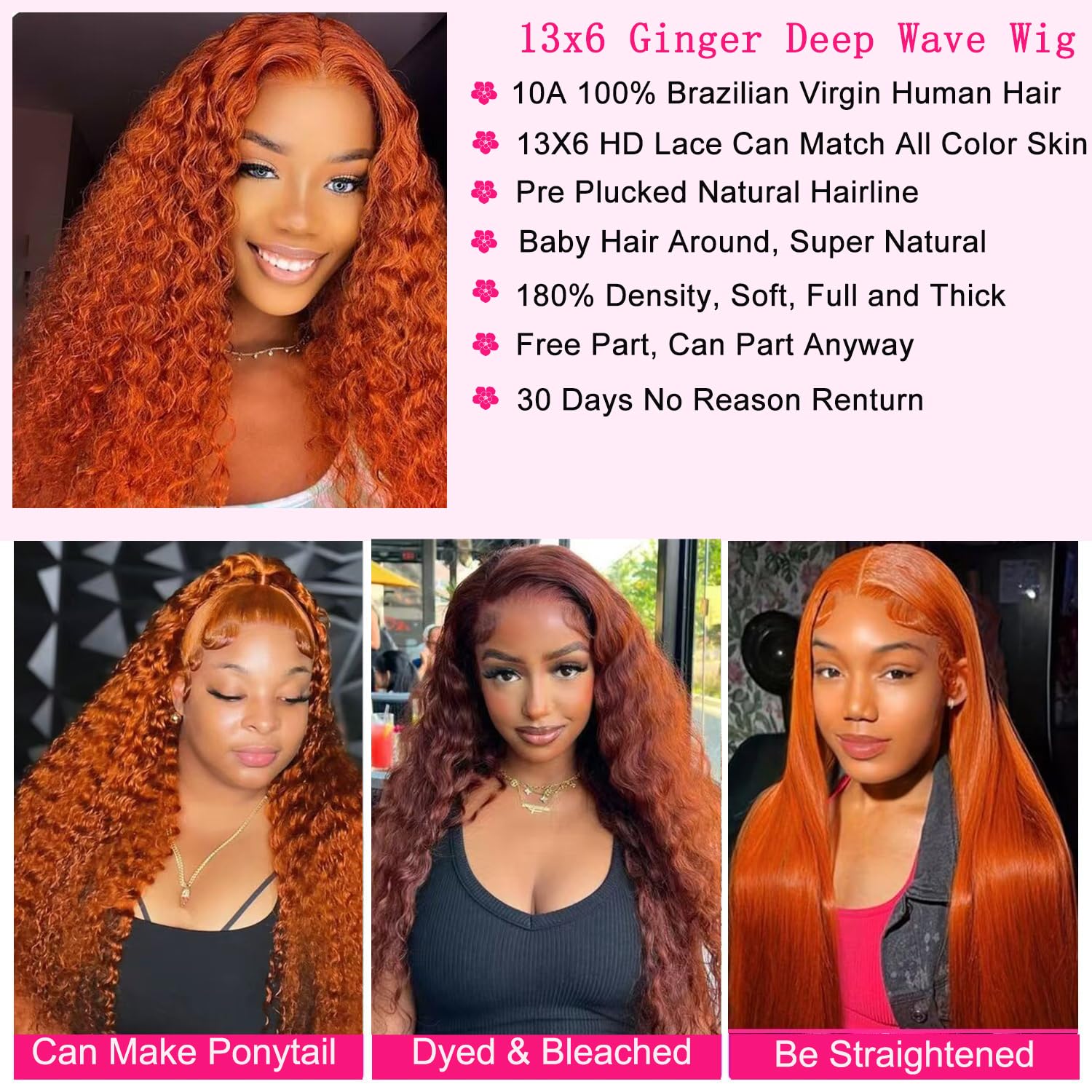 30-inch (approx. 30 cm) Ginger Lace Front Wig, Real Hair 13x6, Deep Wave Wig, Orange Ginger Wig, Real Hair, Pre-Pulled 350, Deep Curls, High-Definition Lace Front Wig, Women's Style, 180% Density, Wet Wave Deep Curls, Front Wig