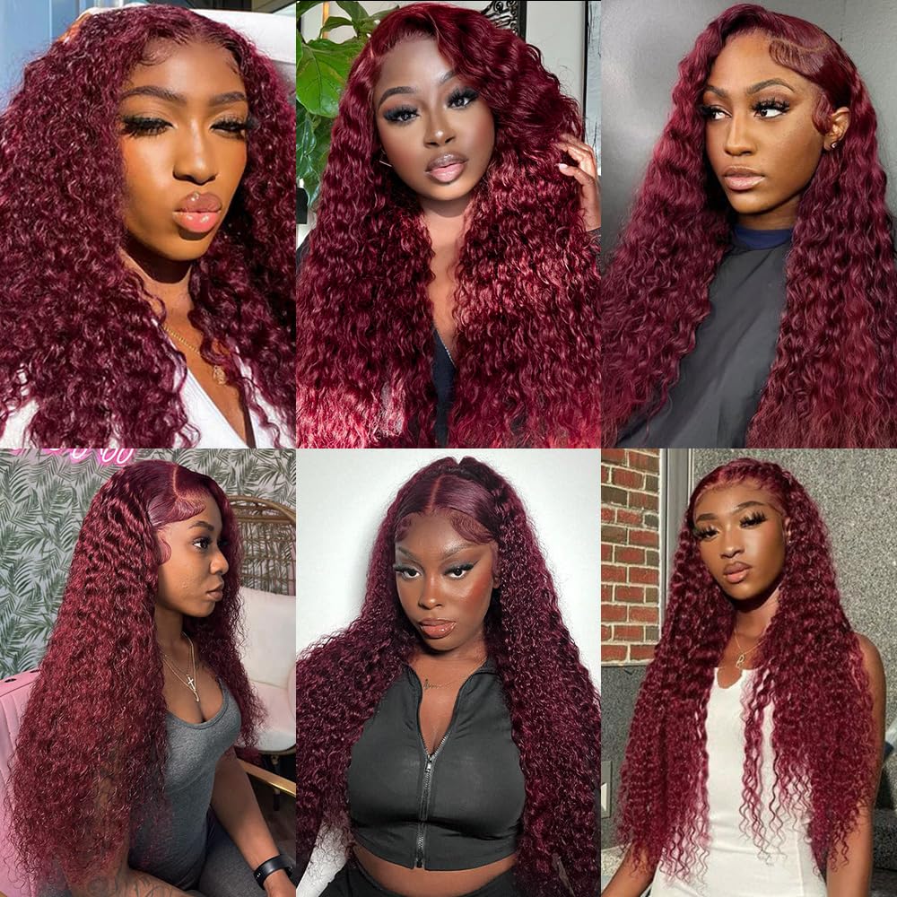 99J Burgundy Front Lace Wig, Real Hair, Deep Wave, 13x6 HD, Lace Front Wig, Real Hair, Pre-Pulled, 200 Density, Burgundy 99J Curly Real Hair Wig, Includes Baby Hair, 26 Inch (Approx. 66.0 cm), Glue-Free Wig