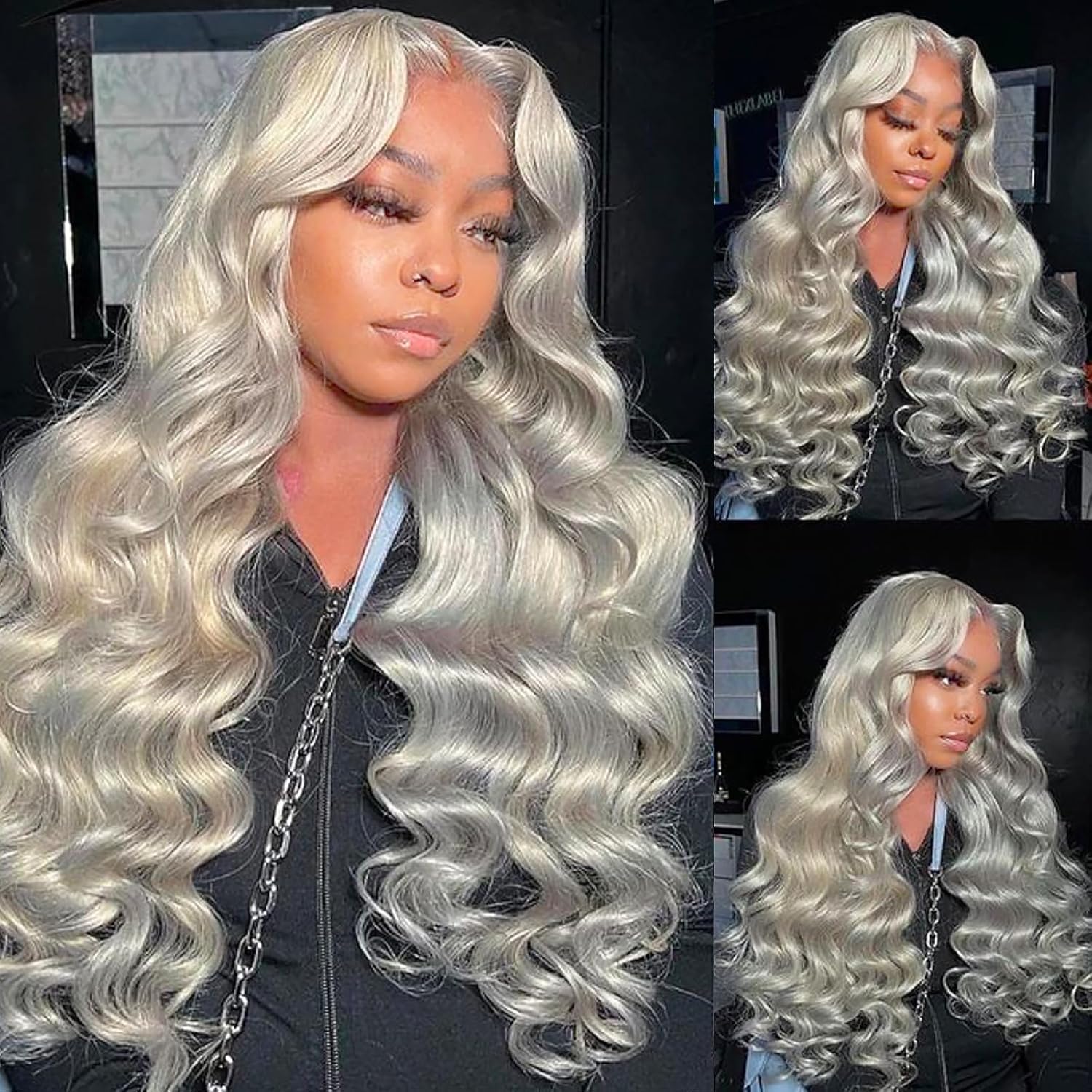 ANDRIA Lace Front Wig with Wavy Hair, Glue-Free Lace Wig, Synthetic Long Filament Straight Hair, Natural Heat-Resistant Fiber, Gray Wig with Baby Hair, Suitable for Black Women, 26 Inches