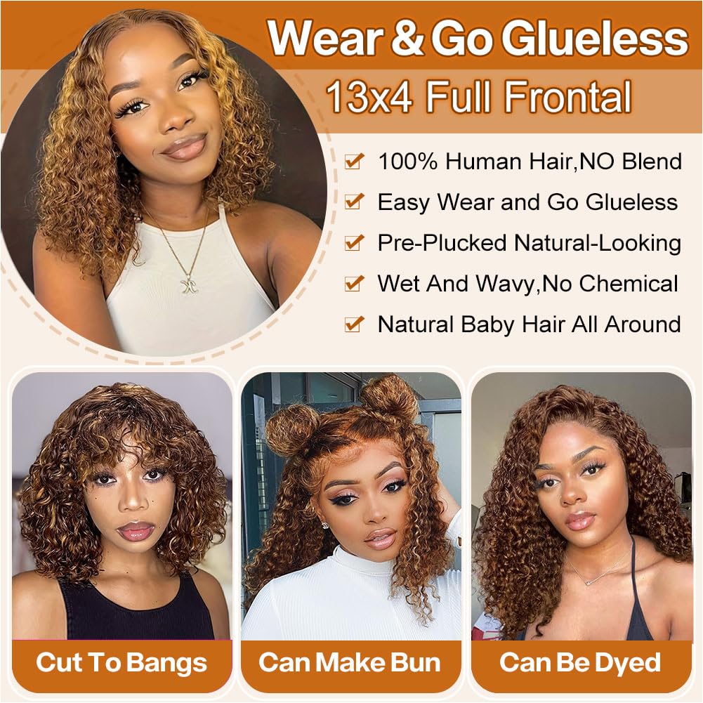 Curly Bob Wig, Real Hair, Deep Wave, 13x4 HD, Lace Front Wig, Suitable for Black Women, Pre-Pulled, Wear-on, Glue-free, Short, Wet Wave, Gradient Honey Gold, High Gloss Color, 4/27, 14 Inch