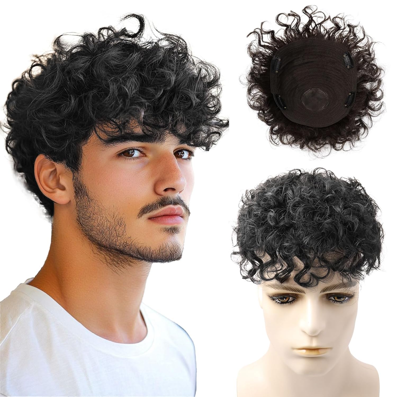 Toupee for Men Human Hair Men‘s Black Wig Short Curly Hair Fluffy Realistic Hair Wig Thin Skin Daily Party Costume Wig for Male(Black)