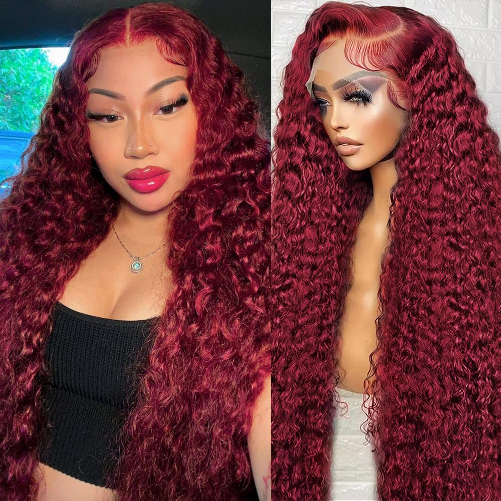 99J Burgundy Front Lace Wig, Real Hair, Deep Wave, 13x6 HD, Lace Front Wig, Real Hair, Pre-Pulled, 200 Density, Burgundy 99J Curly Real Hair Wig, Includes Baby Hair, 26 Inch (Approx. 66.0 cm), Glue-Free Wig