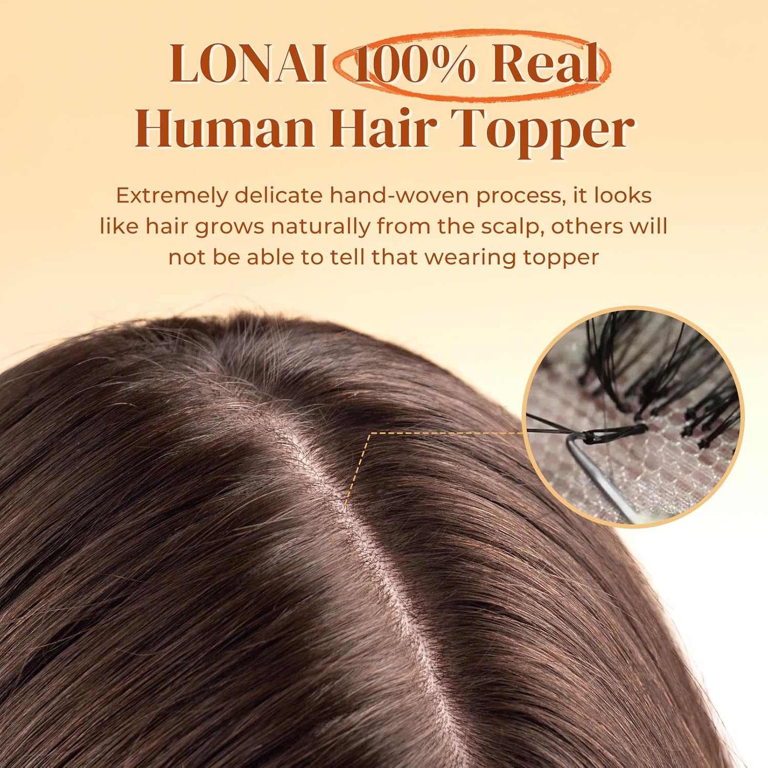 LONAI Human Hair Accessory, 10-inch 100% Human Hair Accessory, suitable for thinning hair, large hand-woven area covers natural hair accessory, women's everyday wear, 5 inches x 3.5 inches (approx. 12.7 x 8.9 cm), silk base, chocolate brown, gold.