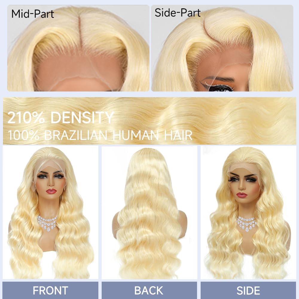 613 x 6 Lace Front Wig, 30-inch Real Hair, Blonde, Real Hair, Wavy Body, Lace Front Wig, Pre-pickled 210 Density 613 HD Lace Front Wig
