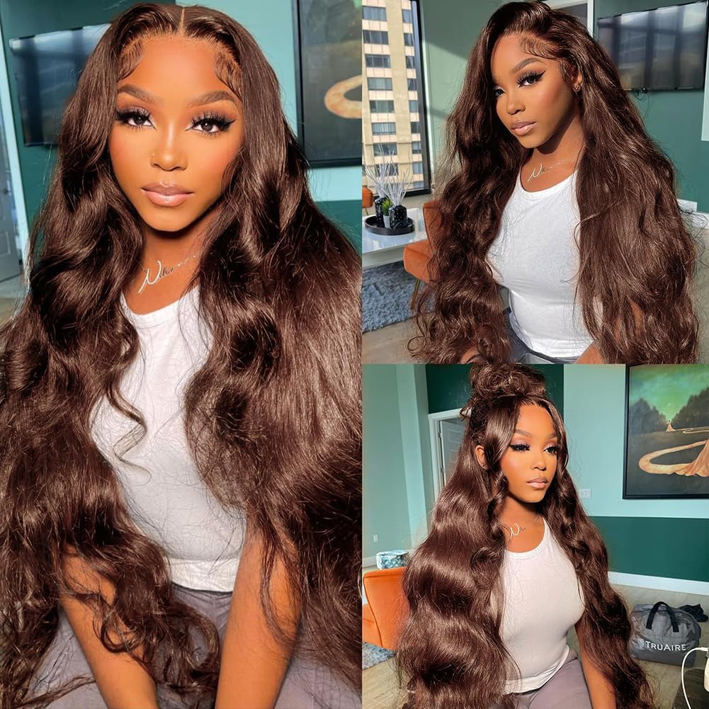 JTMMP Chocolate Brown 13x6 Lace Front Wig, 200% Real Hair, Density, Body Wavy Lace Front Wig, 26 Inch HD Transparent Brazilian Undyed/Unpermed Wig, Pre-Pulled Real Hair