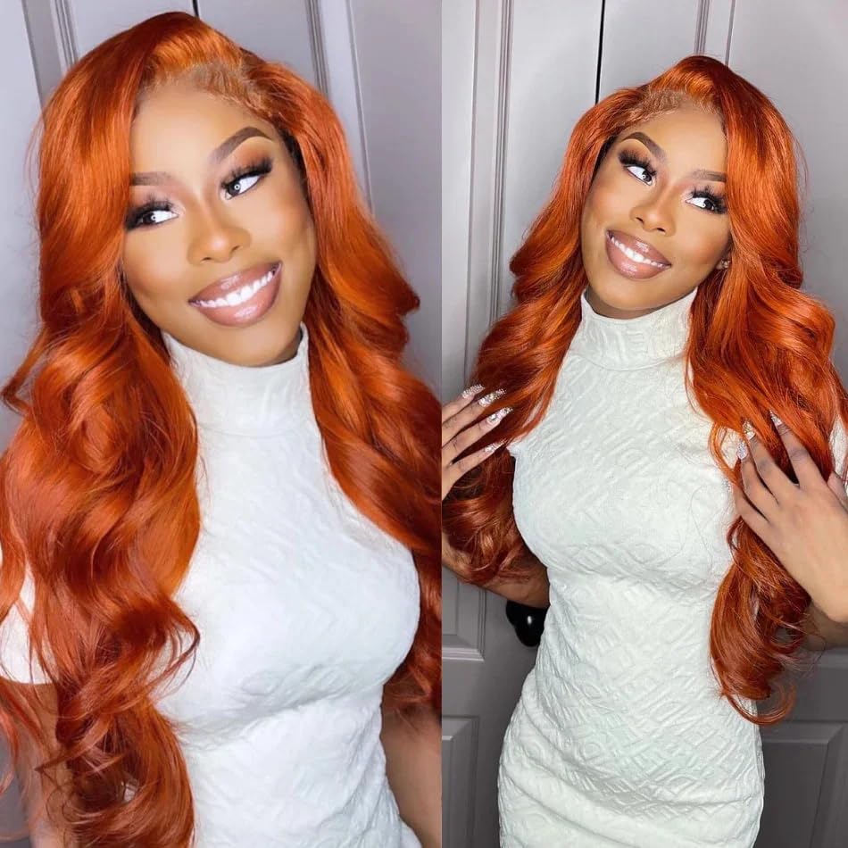 Ginger Orange Front Lace Wig, Pre-Pulled and Ready to Wear, 13x4 HD, Glue-Free, Body Wavy Ginger Lace Front Wig, Women's Natural Look, Synthetic Heat-Resistant Fiber Ginger Wig (26 inches (approx. 50.6 cm), Ginger Orange)