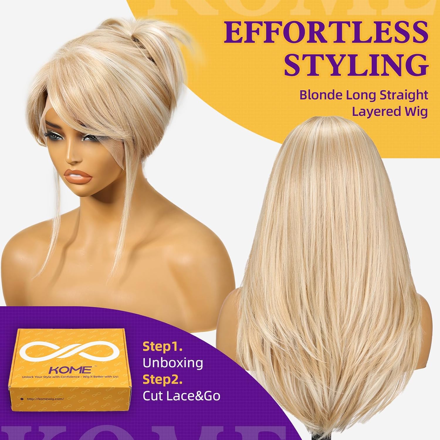 Blonde synthetic lace wig, 13x6 cm long, straight, layered, glue-free wig, suitable for everyday wear by women, 22 inches (approximately 22 cm).