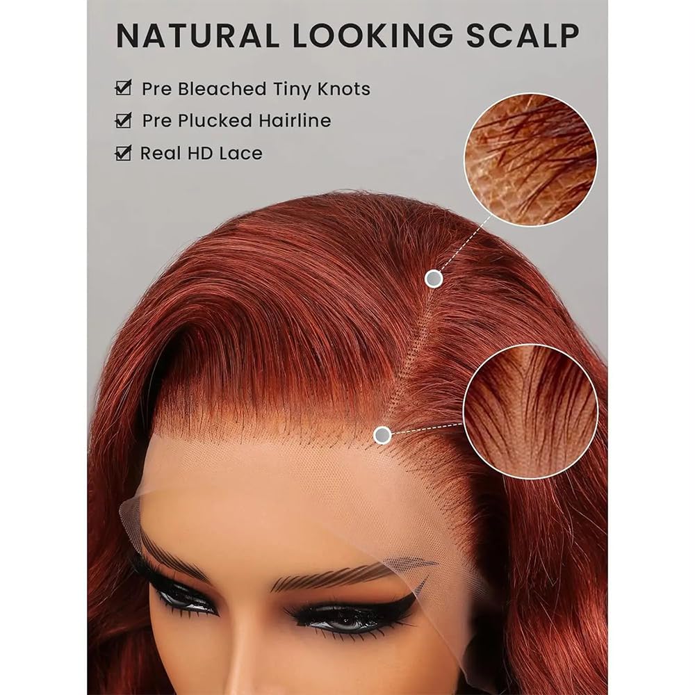 Reddish-brown lace front wig, 28 inches (approx. 50.8 cm), pre-drawn 200% density body wave HD lace front wig, includes baby glue-free wig.