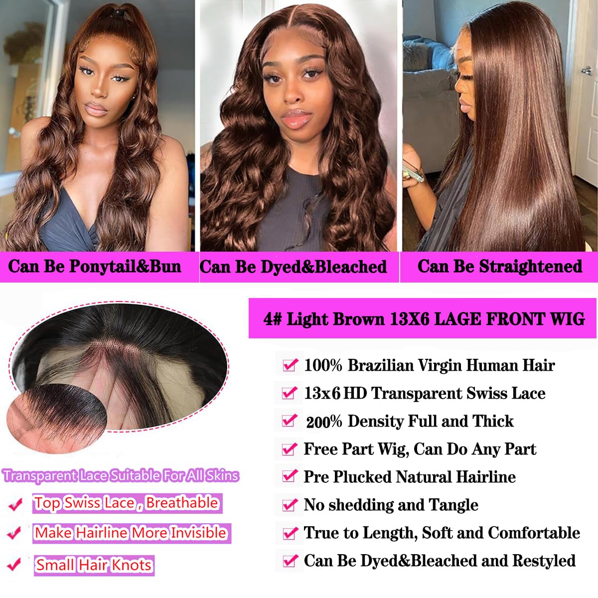 JTMMP Chocolate Brown 13x6 Lace Front Wig, 200% Real Hair, Density, Body Wavy Lace Front Wig, 26 Inch HD Transparent Brazilian Undyed/Unpermed Wig, Pre-Pulled Real Hair