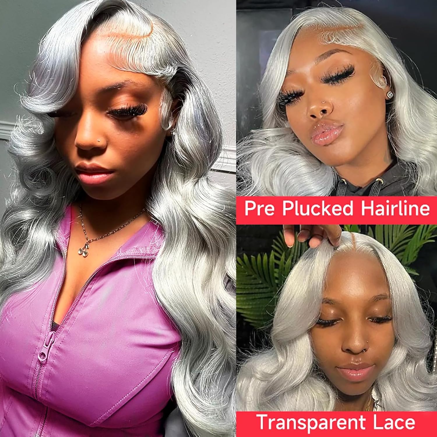 ANDRIA Lace Front Wig with Wavy Hair, Glue-Free Lace Wig, Synthetic Long Filament Straight Hair, Natural Heat-Resistant Fiber, Gray Wig with Baby Hair, Suitable for Black Women, 26 Inches