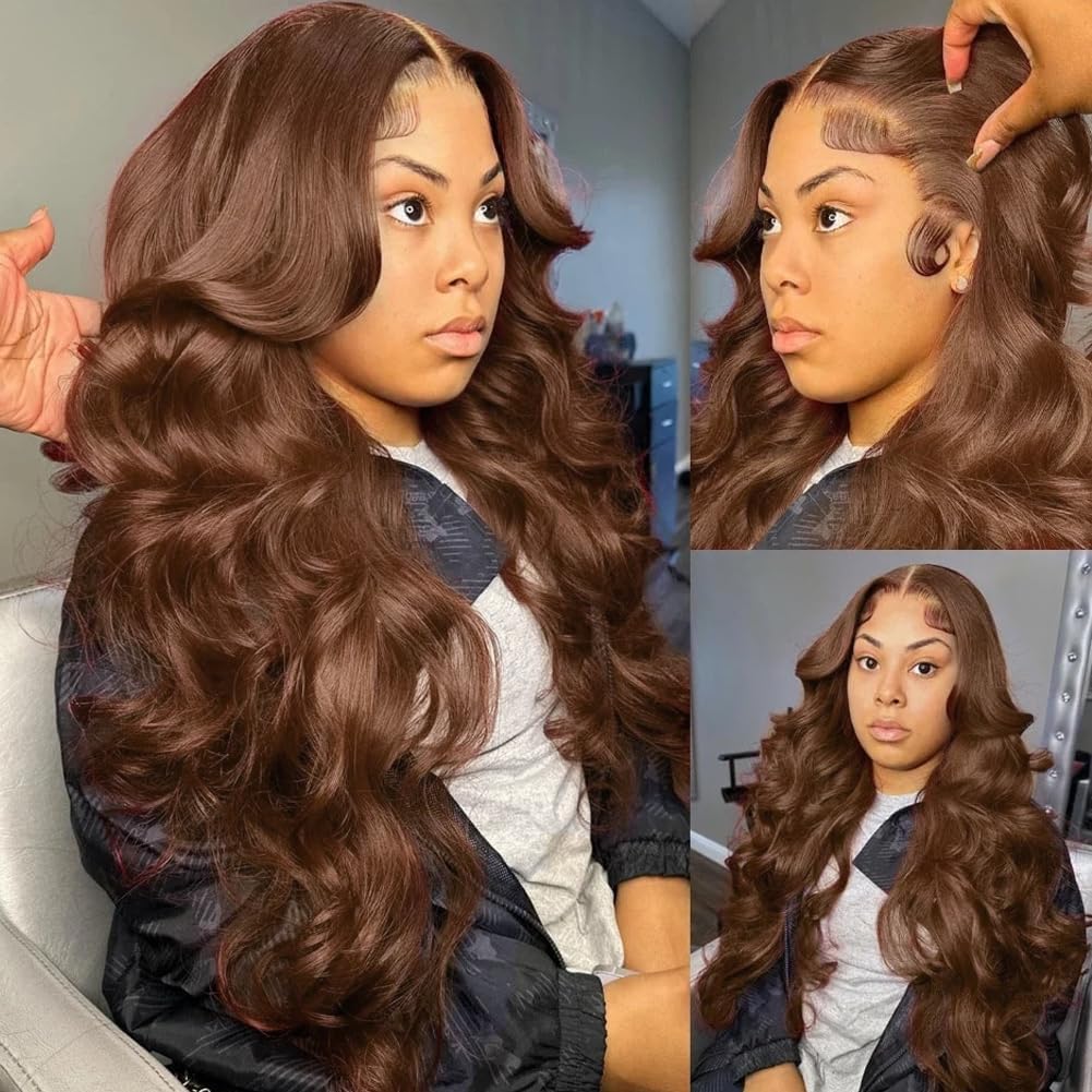 26-inch (approx. 26 cm) Chocolate Brown 13x6 Body Wavy Lace Front Wig, Real Hair Pre-plucked (Includes Baby Hair), 180 Density #4, Colored Brown HD Lace Front Wig for Women