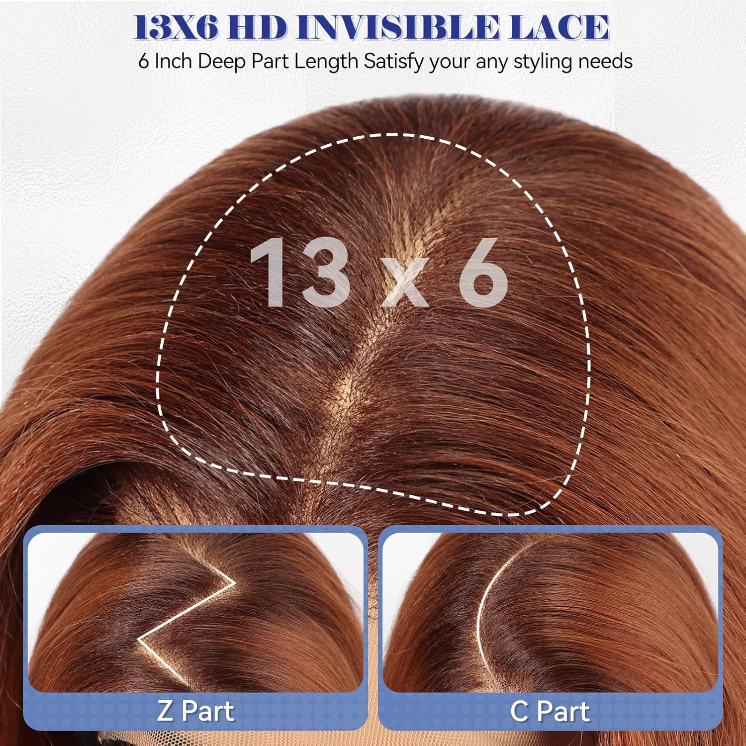 HAIRCUBE 13x6 High Definition Lace Front Wig, 22 Inch (approx. 22 cm), Auburn Long Wave Layered Glue-Free Wig, Suitable for Women, Natural Look for Everyday Wear.