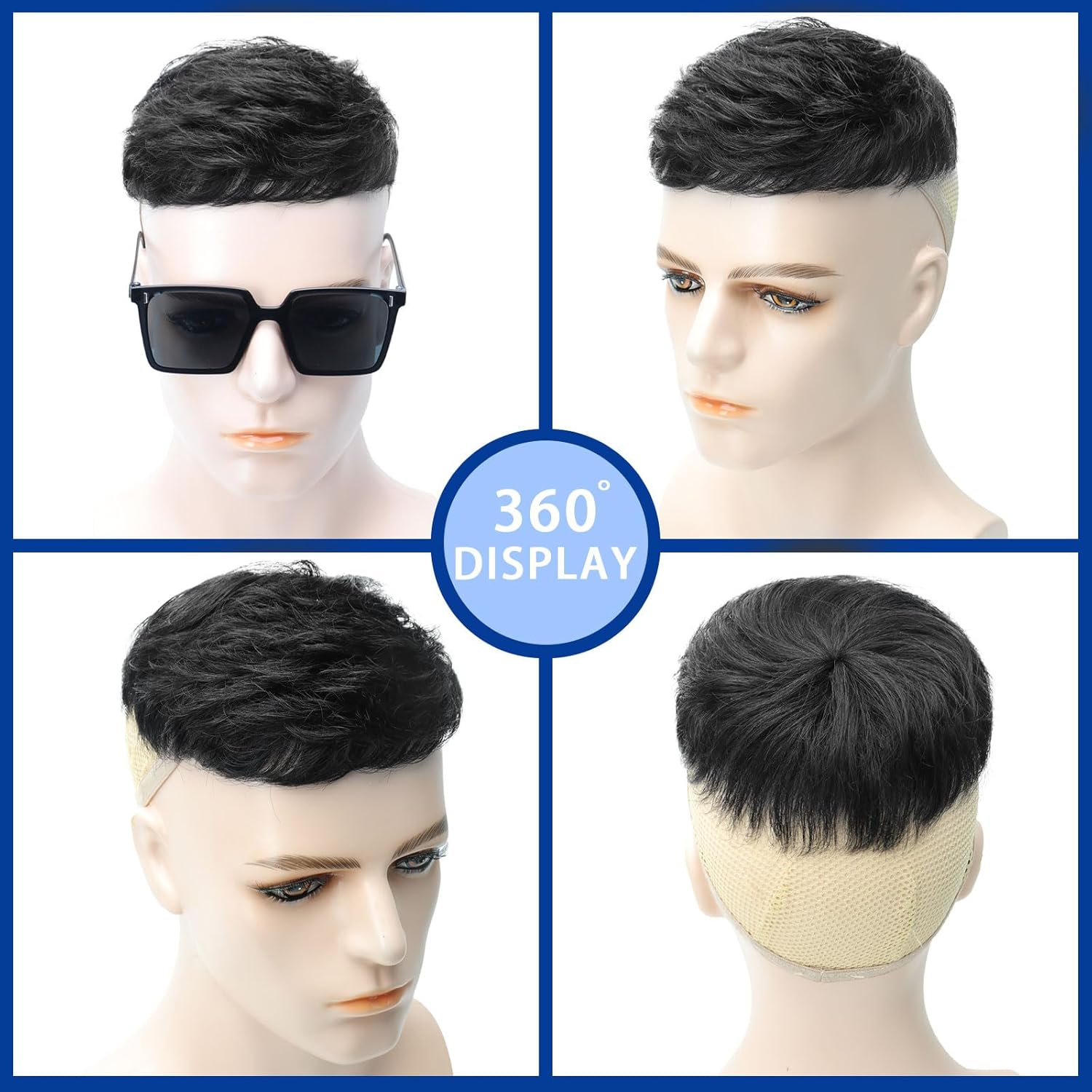Toupee Men's Real Hair Black Wig, Short, Straight, Fluffy, Realistic, Thin-Film, Suitable for Men, Party Attire, Black