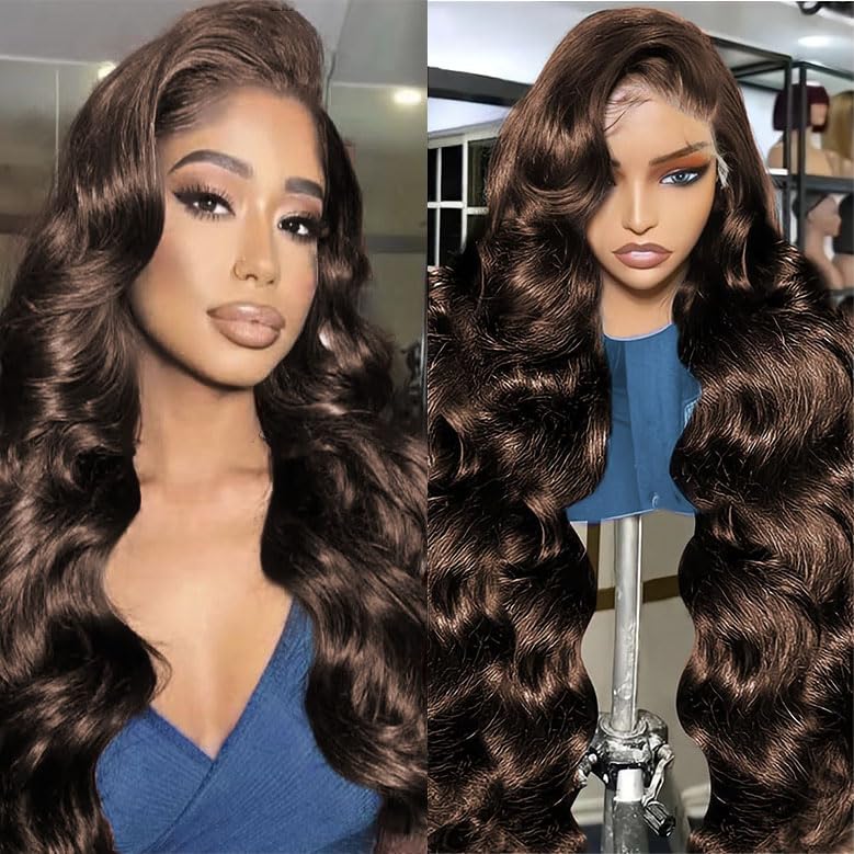 13x6 High Definition Lace Front Hair Stranded Real Hair Wave 200% Density Pre-Pulled Brown Wig, Chocolate Brown Lace Front Wig, 24 Inches (Approx. 60.0 cm), Women's Style