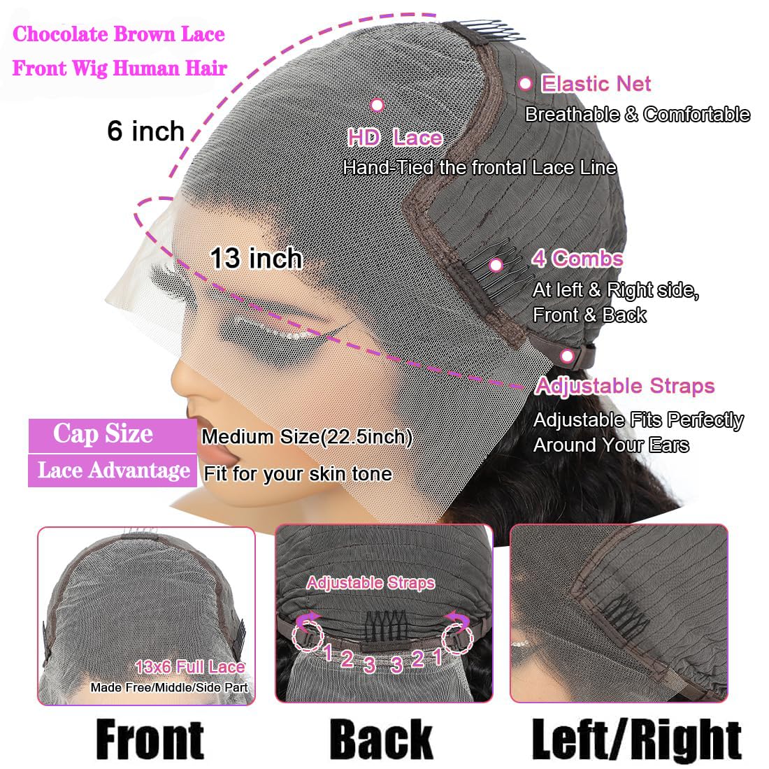 A8 Chocolate Brown Real Hair Wig 200 Density 13X6 Body Wavy Lace Front Wig Real Hair High Definition Forehead Wig Pre-pulled No Glue Brown Lace Front Wig Women's 26 Inch