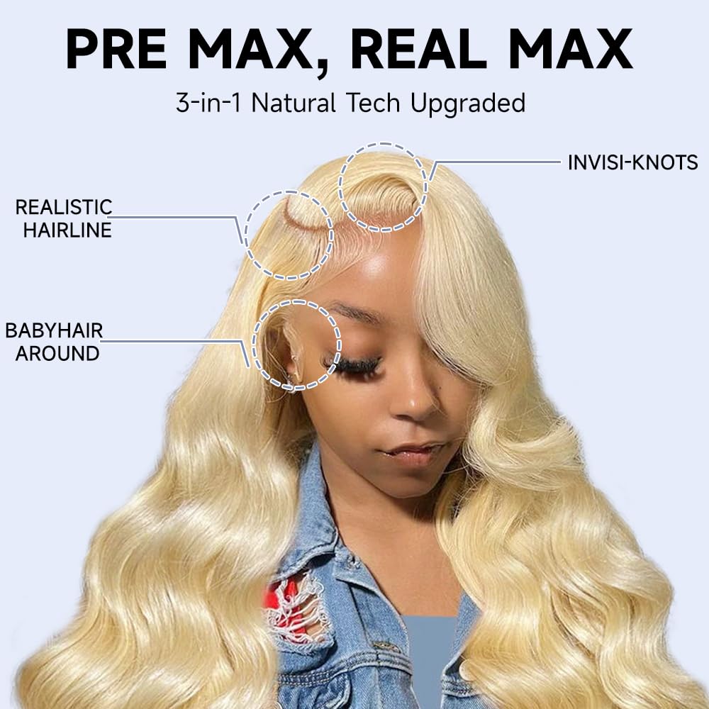 613 x 6 Lace Front Wig, 30-inch Real Hair, Blonde, Real Hair, Wavy Body, Lace Front Wig, Pre-pickled 210 Density 613 HD Lace Front Wig