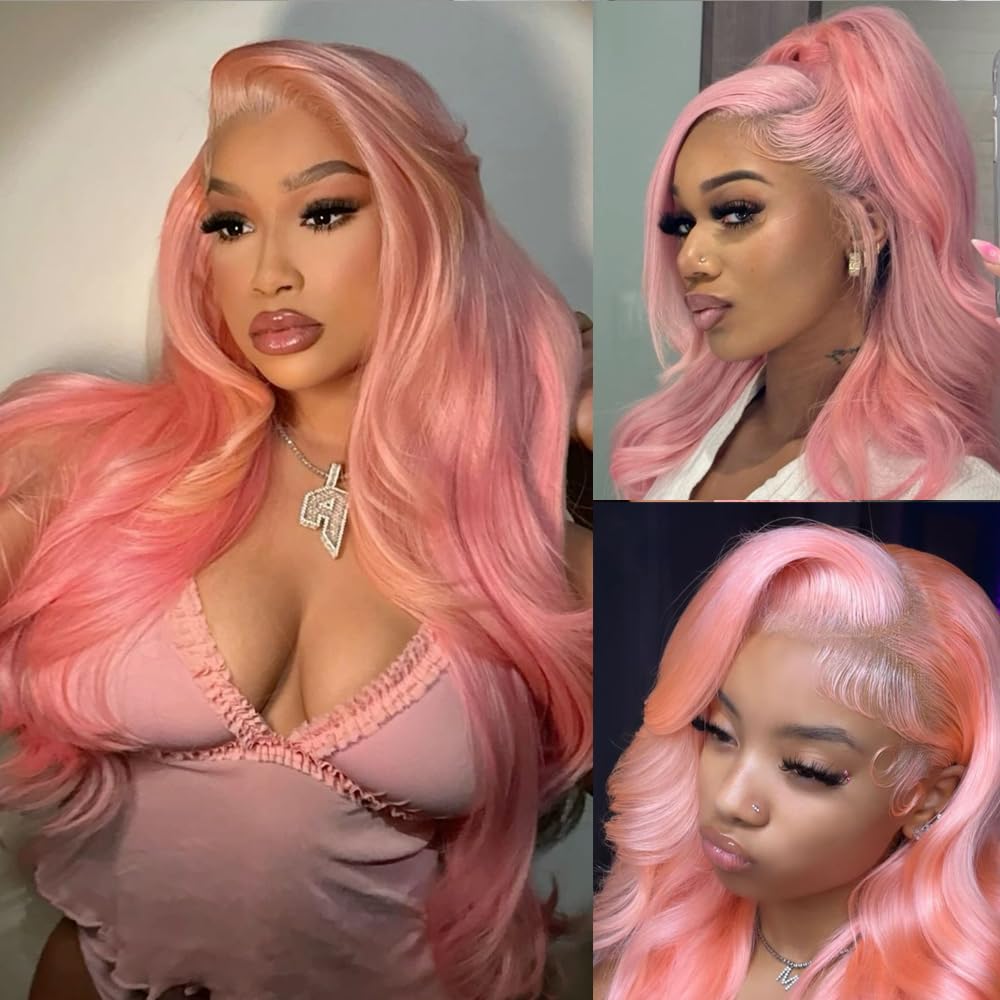ANDRIA 13x4 High Definition Lace Front Wig 28 Inch (Approx. 50.8 cm) Pink Wavy Long Lace Front Wig, Pre-Pulled Hairline, Synthetic Lace Front Wig with Baby Hair, Heat-Resistant Fiber Wig for Women