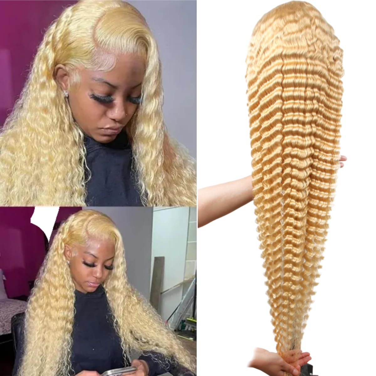 Golden real hair wig, 613 13x6 HD transparent lace front wig, 613 lace front wig, 180% density 30 inches (approx. 76.2 cm) deep wave golden lace front wig, pre-plucked baby hair.