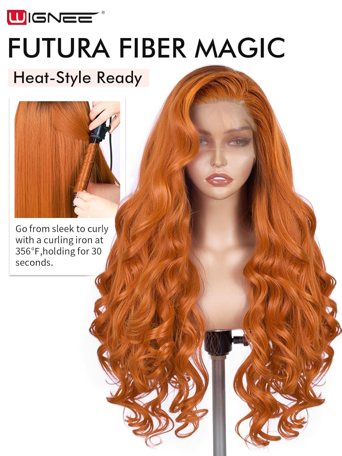 WIGNEE 13x6 Synthetic Lace Front Wig, Pre-Pulled Synthetic Straight Wig, 28 Inch (Approx. 71.1 cm), Volumizing Ginger Lace Front Wig, with Kanekalon Futura Hair