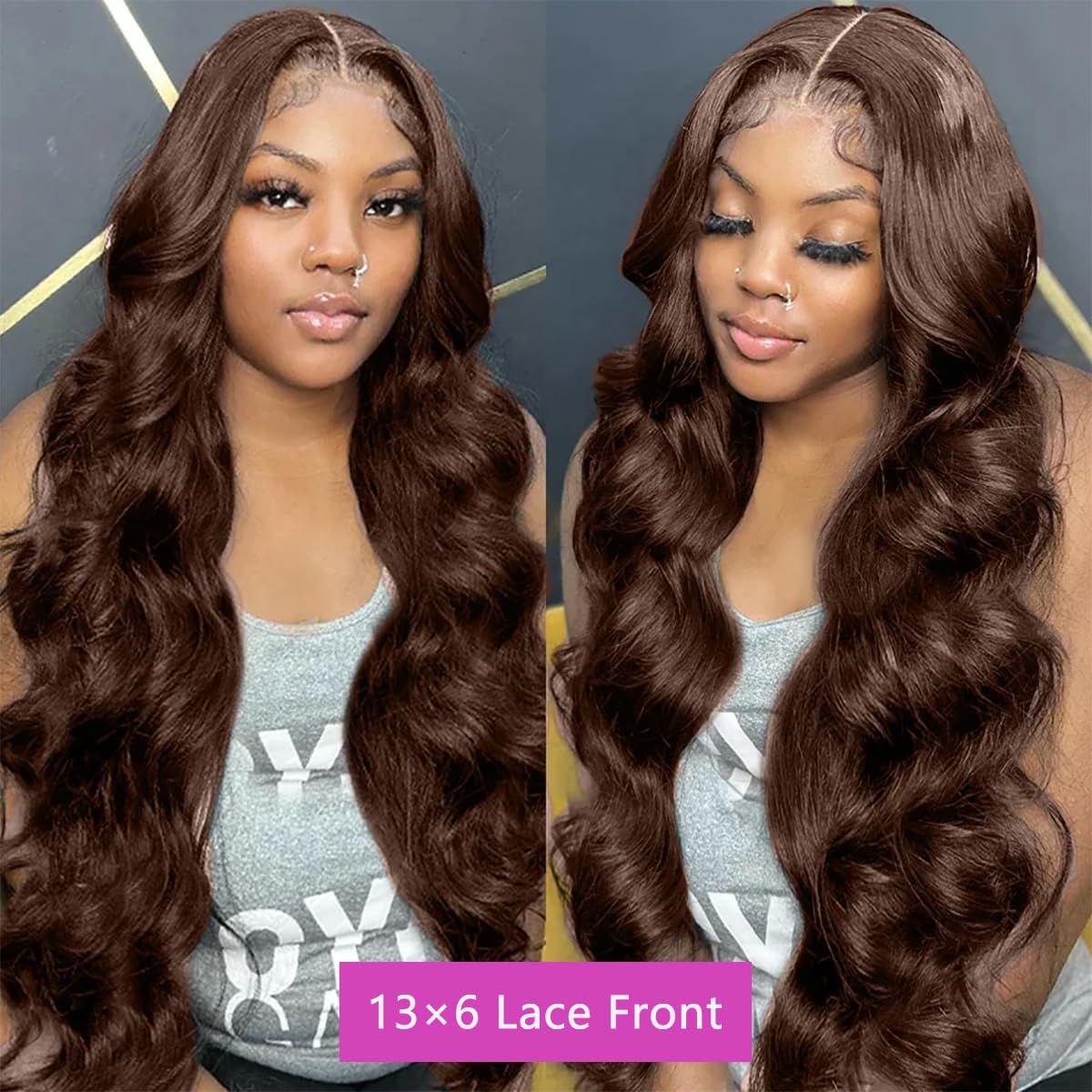 13x6 Chocolate Brown Lace Front Wig, Real Hair, High Definition Transparent Body Wavy Lace Front Wig, Real Hair, Pre-Pulled, 200% Density, Glue-Free, Brown Front Wig, Real Human Hair, 28 Inches