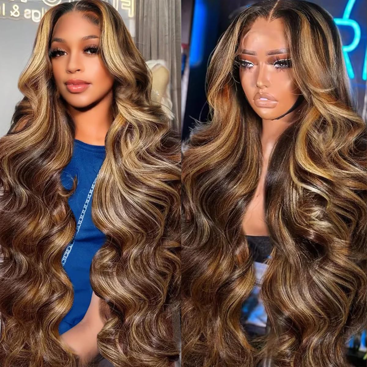 26-inch (approx. 50.6 cm) Honey Gold Gradient Lace Front Wig, Real Hair, Highlighting Body Waves, 13x6mm, Lace Front Wig, Real Hair, Pre-Pulled, 180 Density, HD, Glue-Free Front, 4/27, Highlighting Wig