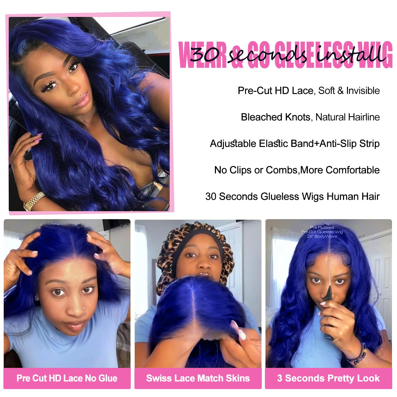 Blue glue-free wig, 200% real hair pre-plucked, dark blue wavy lace front wig, 9x6mm real hair pre-cut, HD transparent lace front colored wig, women's style, 20 inches.