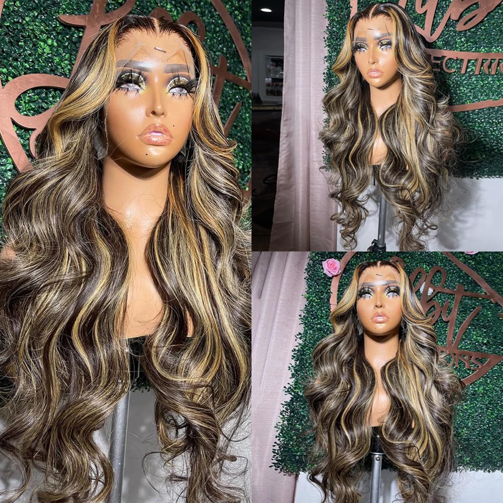 28-inch 13 x 6 Barayachi High-Gloss Lace Front Wig, Real Human Hair 13x6 HD Lace Front Wig, Real Human Hair Wavy Wig, 180% Density FB/27, Colored Front Wig, Women's Style, Glue-Free Gradient Color