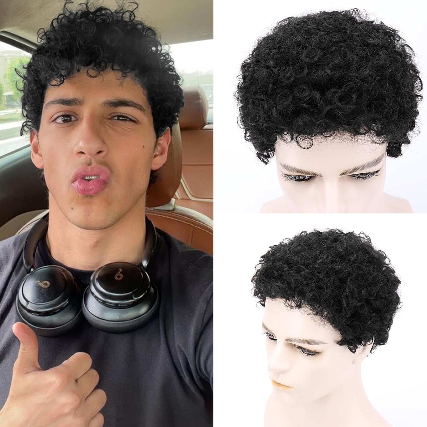 Men's Full Head Wig with Real Hair, Curly Wig, Short Curly Hair, Fluffy and Realistic Curly Strands, Thin Skin, Daily and Party Men's Wig (Black)