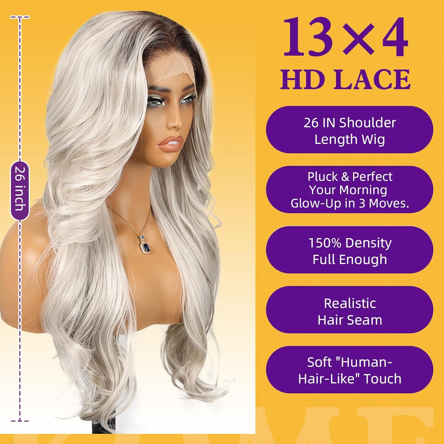 Platinum blonde synthetic lace wig, 13x4 high-definition lace layered wave wig without glue, suitable for women's daily use, 26 inches (approximately 50.6 cm).