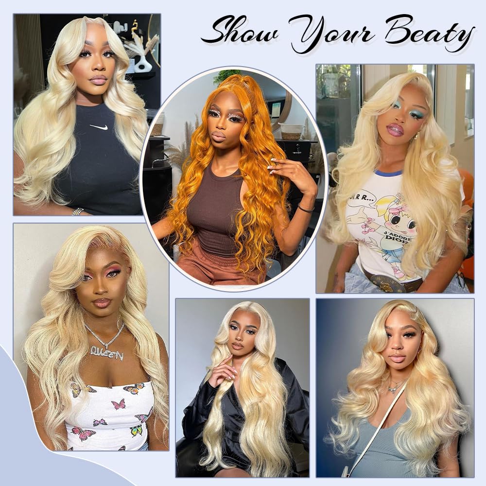 613 x 6 Lace Front Wig, 30-inch Real Hair, Blonde, Real Hair, Wavy Body, Lace Front Wig, Pre-pickled 210 Density 613 HD Lace Front Wig