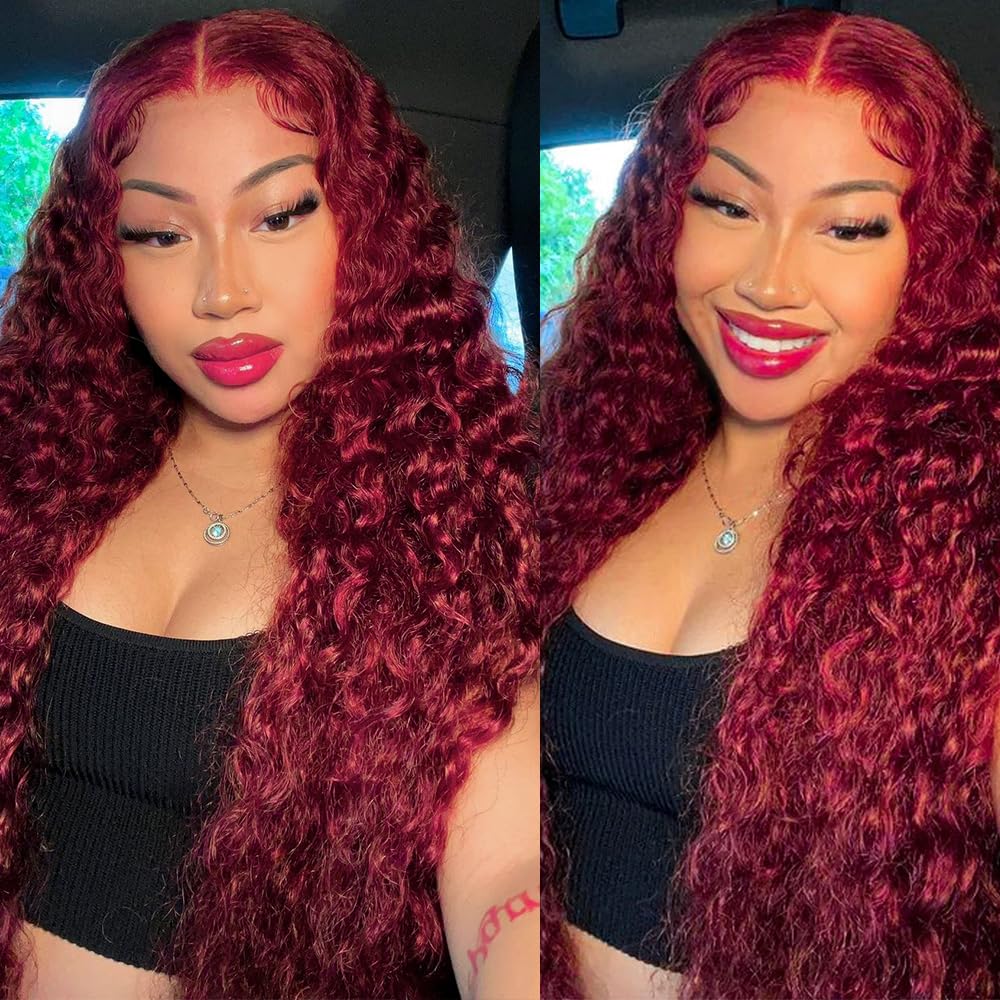 99J Burgundy Front Lace Wig, Real Hair, Deep Wave, 13x6 HD, Lace Front Wig, Real Hair, Pre-Pulled, 200 Density, Burgundy 99J Curly Real Hair Wig, Includes Baby Hair, 26 Inch (Approx. 66.0 cm), Glue-Free Wig