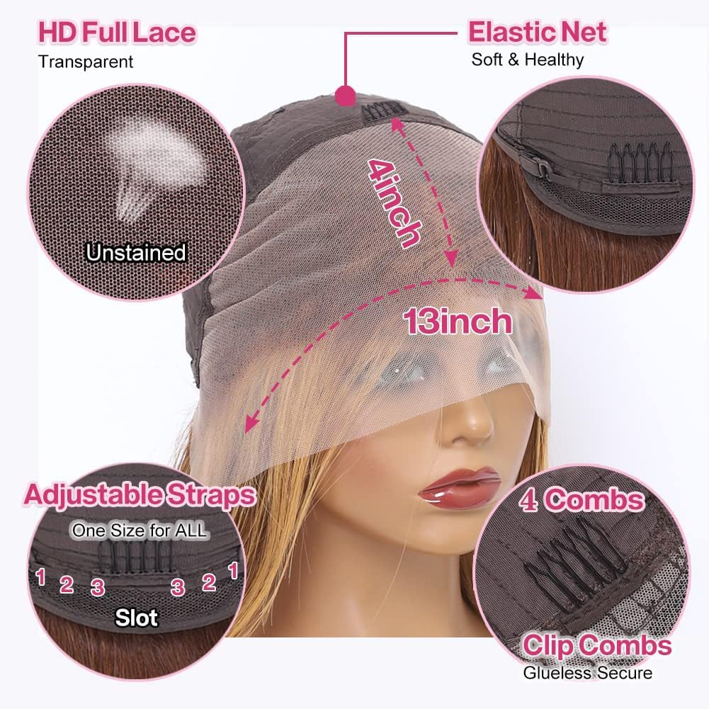 Bob Wigs Real Hair High-Gloss Gradient Wig 13x4 Lace Front Wig 4/27 Honey Blonde Glue-Free Wig Pre-Pulled Baby Hair 180 Density Short Bob Wig Women's 12 Inch (Approx. 12 cm)