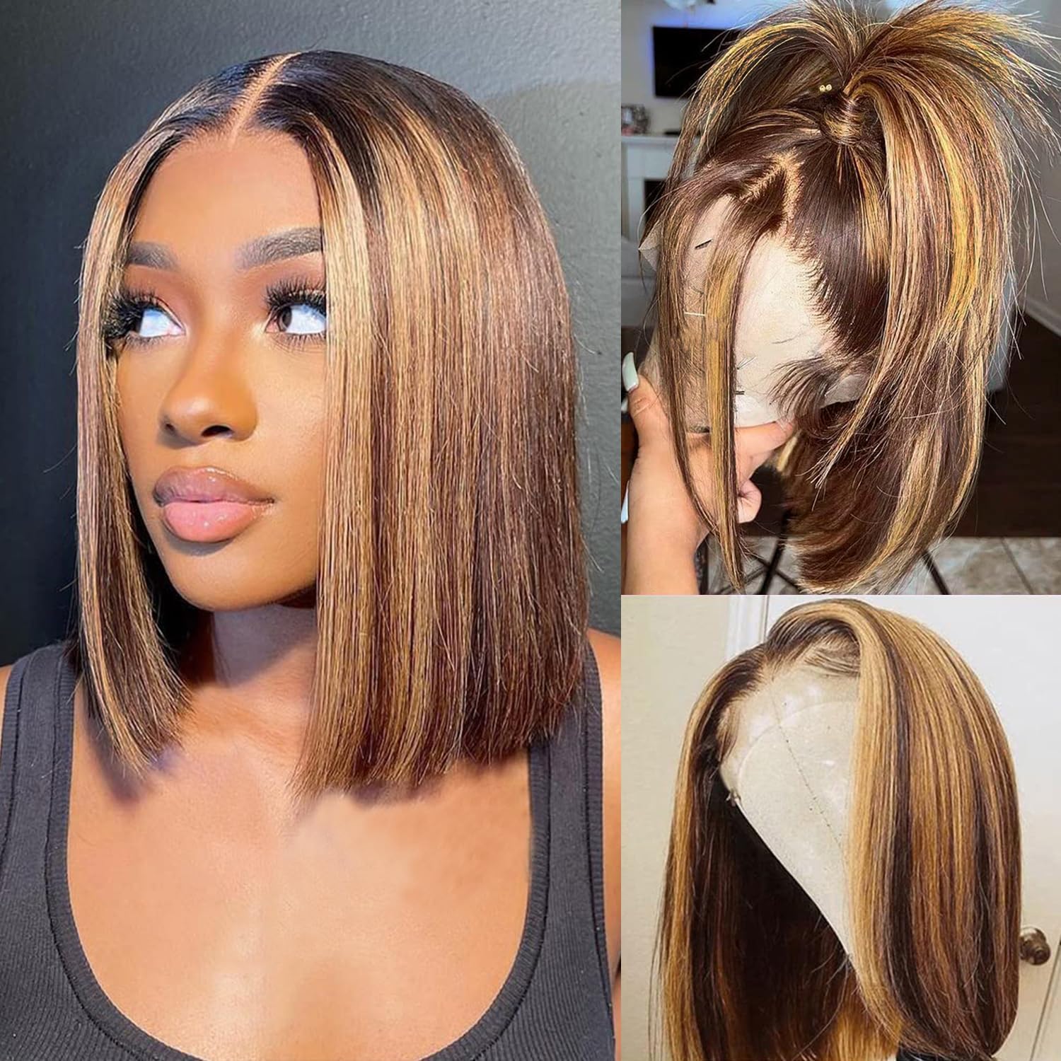 Bob Wigs Real Hair High-Gloss Gradient Wig 13x4 Lace Front Wig 4/27 Honey Blonde Glue-Free Wig Pre-Pulled Baby Hair 180 Density Short Bob Wig Women's 12 Inch (Approx. 12 cm)