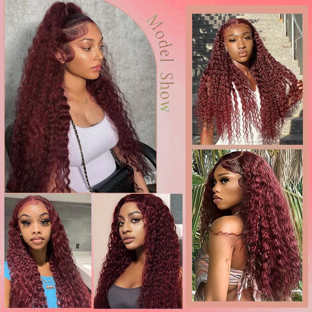 Reddish-brown lace wig, real hair, 30 inches (approx. 30 cm), reddish-brown curly lace wig, 180 density, 33# deep wave, 13x6 high-definition lace wig, real hair pre-plucked, suitable for women, burgundy color real hair wig.